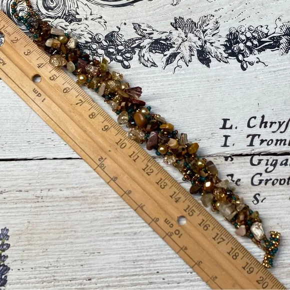 Handmade Beaded Gemstone Bracelet With Gold Accents Boho Fashion Rustic Chic - Picture 5 of 9